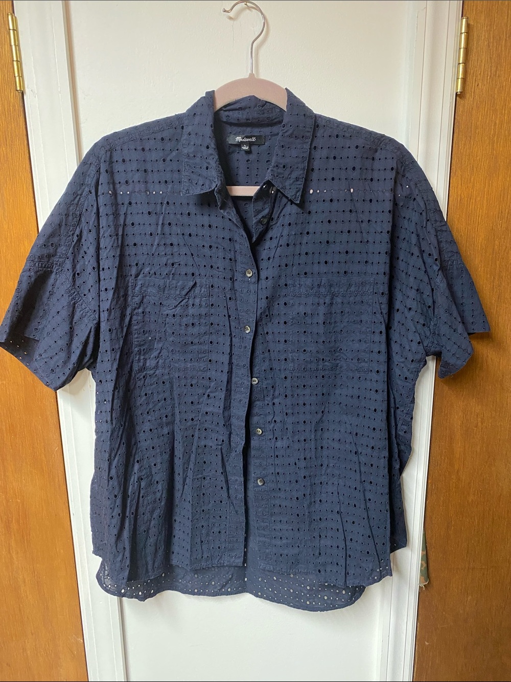 Madewell Navy Short-Sleeve Eyelet Button-Up Shirt